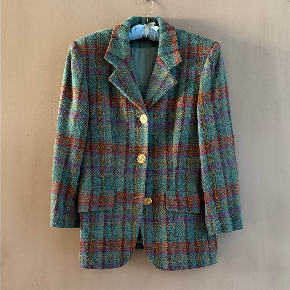 Women’s Plaid Blazer with Gold Buttons